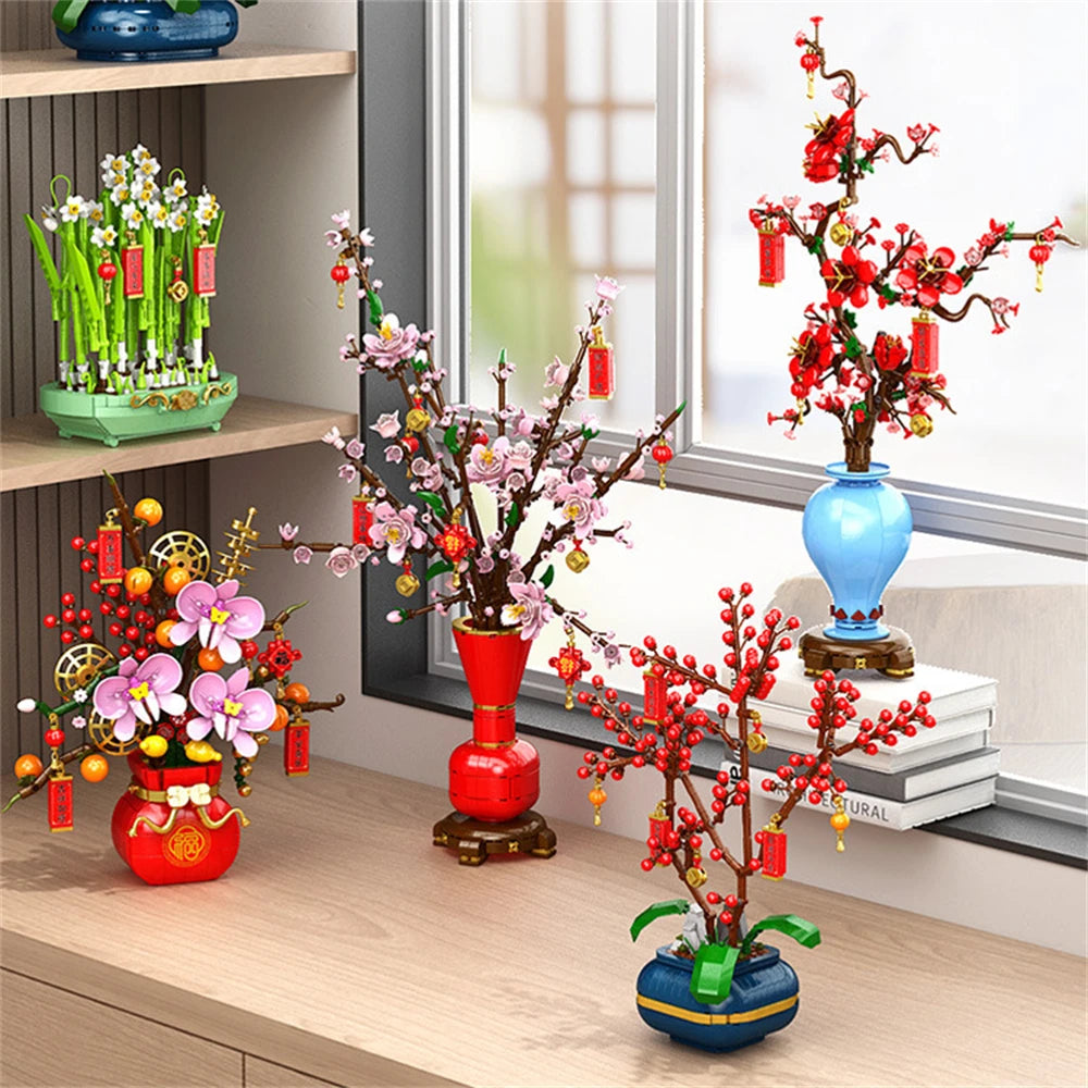 Flower Bouquet Plum Blossom Peach Blossom Narcissus Bonsai Potted Plant Building Blocks Model Home Decoration Toy For Kids Gift﻿