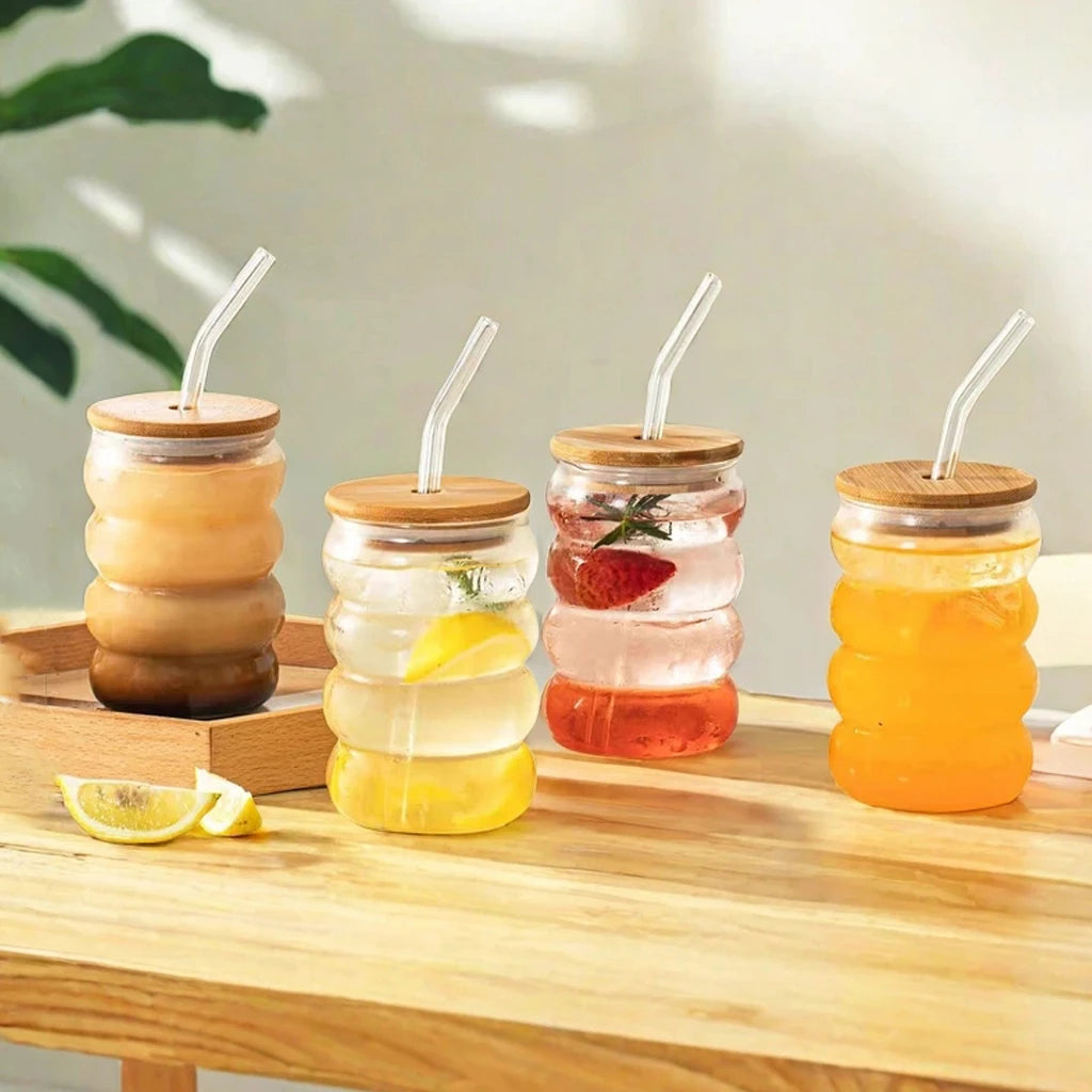 YWD 1/2/4PCS Glass Cup with Lid Straw Heat-resistant Wave Cup Beer Juice Ice Coffee Cups Cocktail Fruit Glass Drinkware