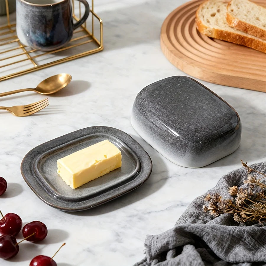 1pc Retro Kiln-change Ceramic Butter Dish with Lid, Porcelain Butter Dish for Countertop Butter Keeper Butter Holder Container f