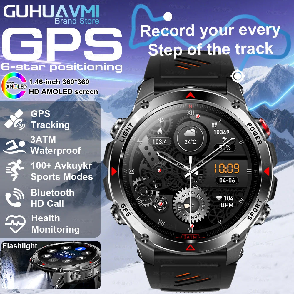 2025New Outdoor Military Smart Watch Men 1.46" AMOLED Built-in GPS Compass Altimeter 3ATM Waterproof Clock BT Call SmartWatches