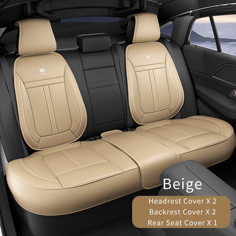 Nappa leather car seat cover set, front or rear, 5-seater, anti-slip full wrap, beige/black/brown/red