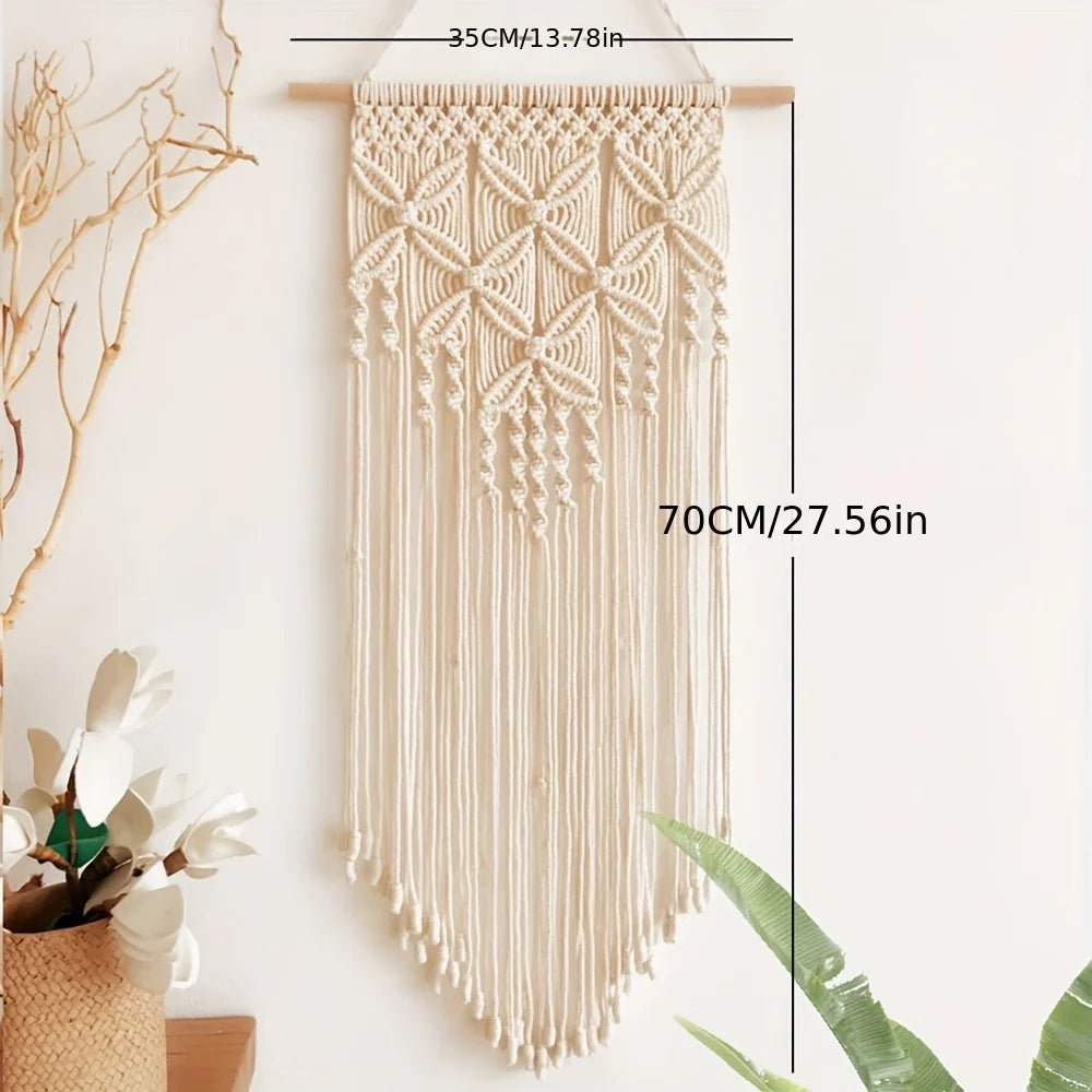 Polyester-Cotton Macrame Wall Hanging with Fringe Clover Diamond Grid Pattern for Boho Home Decor Fashionable Room Decoration