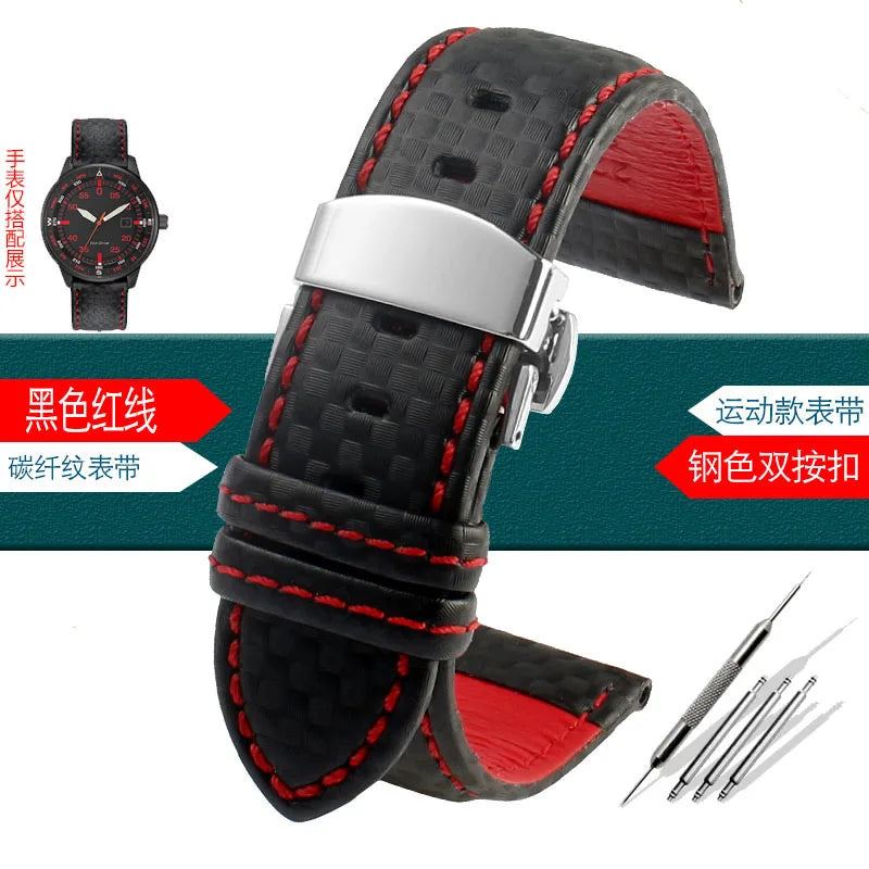 Carbon Fiber Pattern Leather Watch Strap 18mm 20mm 21mm 22mm 23mm 24mm Black Red Orange Stitching Watchband Bracelet Wristband