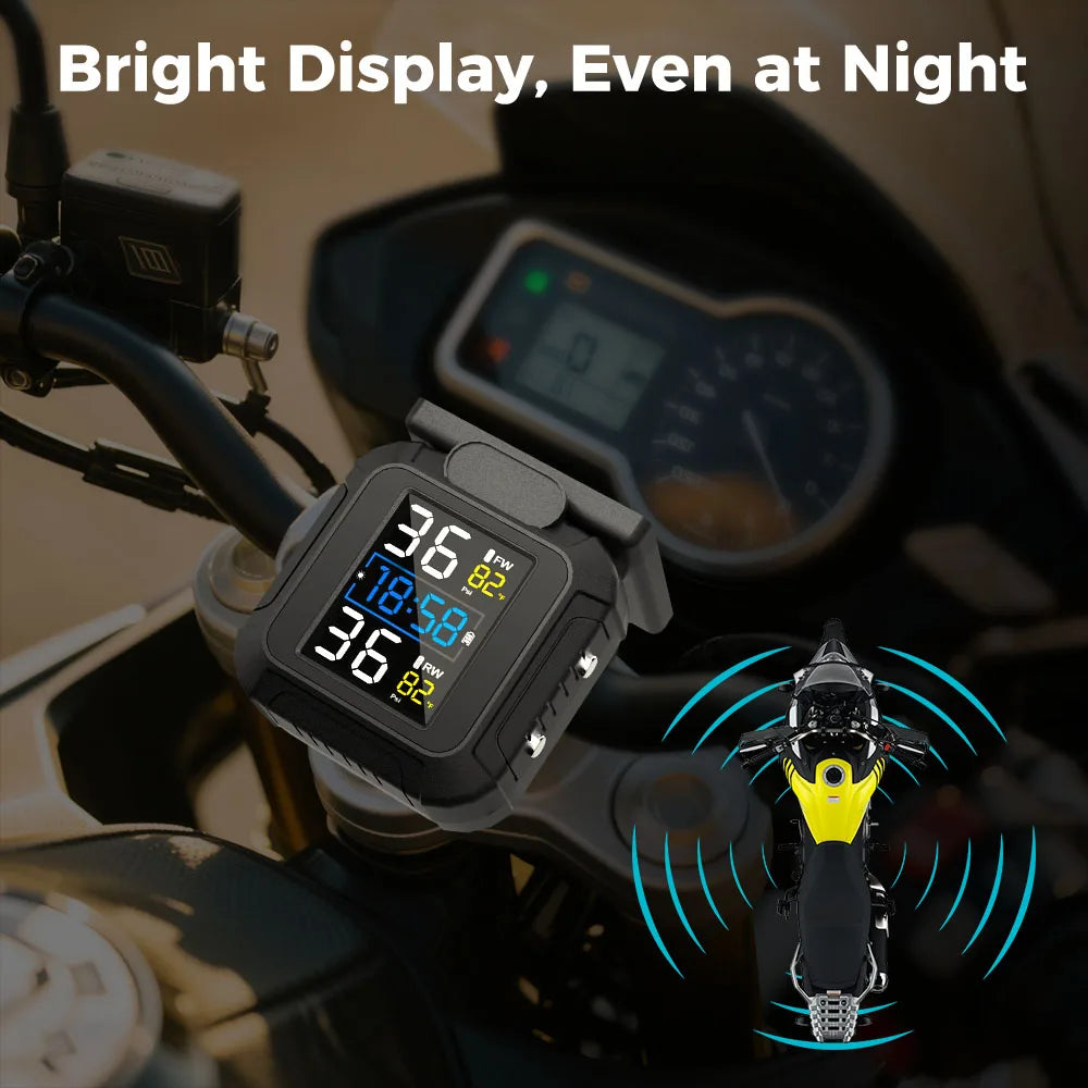 Solar TPMS Tire Pressure Monitoring System w/ Temperature Alarm, 2 External Sensors, Motorcycle