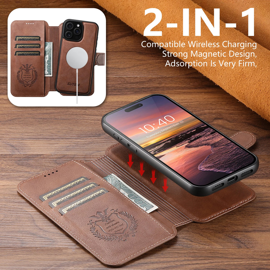 PU Leather Magnetic Flip Wallet Phone Case w/ Card Holder Stand, Wireless Charging for iPhone