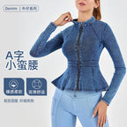 Autumn Winter New Arrival Denim Yoga Zipper Jacket Women Gym Fitness High Collar A-line Hem Slimming Long Sleeve Workout Tops