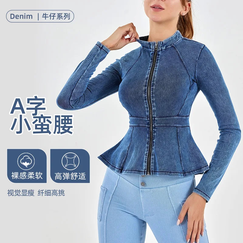 Autumn Winter New Arrival Denim Yoga Zipper Jacket Women Gym Fitness High Collar A-line Hem Slimming Long Sleeve Workout Tops