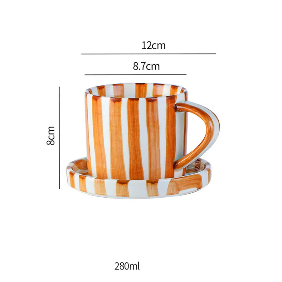 Minimalist striped hand drawn cup and plate set, ceramic milk coffee cup, 280ml/9.5oz afternoon tea coffee cup, household drinki