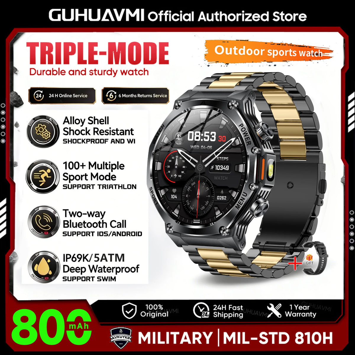 2026 New 800mAh Big Battery Smart Watch Men Outdoor GPS Flashlight 5ATM Waterproof Bluetooth Call AMOLED HD Sports Smartwatches