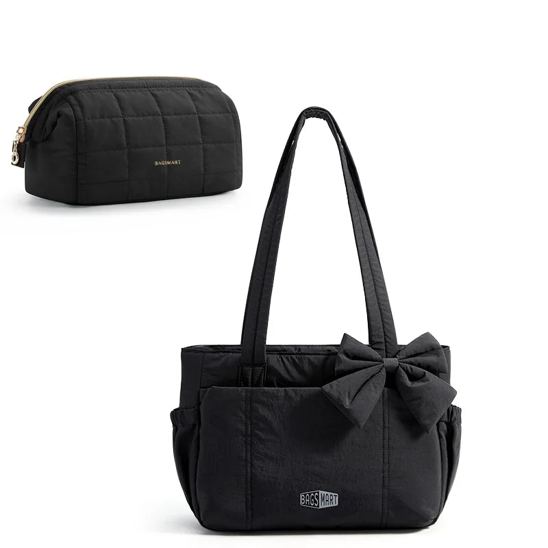 BAGSMART Women Tote Bag Quilted Padded Handbag Versatile Commuting Messenger Shoulder Bag Multiple Pocket College Hobo Bag