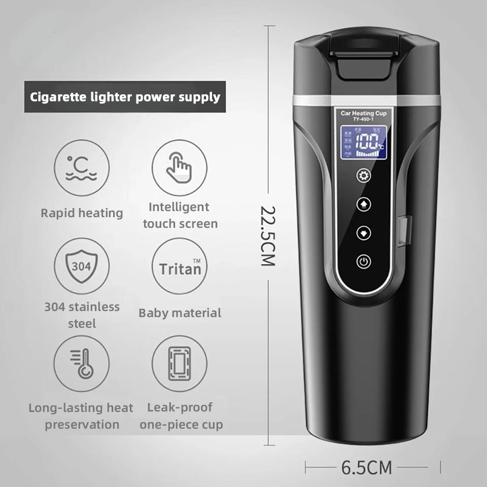 Portable Electric Kettle 12v/24v Smart Car Heating Cup Touch Screen Thermal Mug 450ml Car Heating Mug Temperature Adjustable