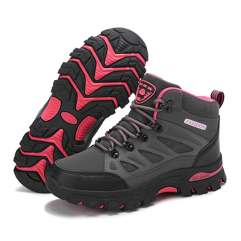 Women's Waterproof Hiking Shoes Non-Slip Trail Trekking Ankle Boots Black/Rose Red 35-42