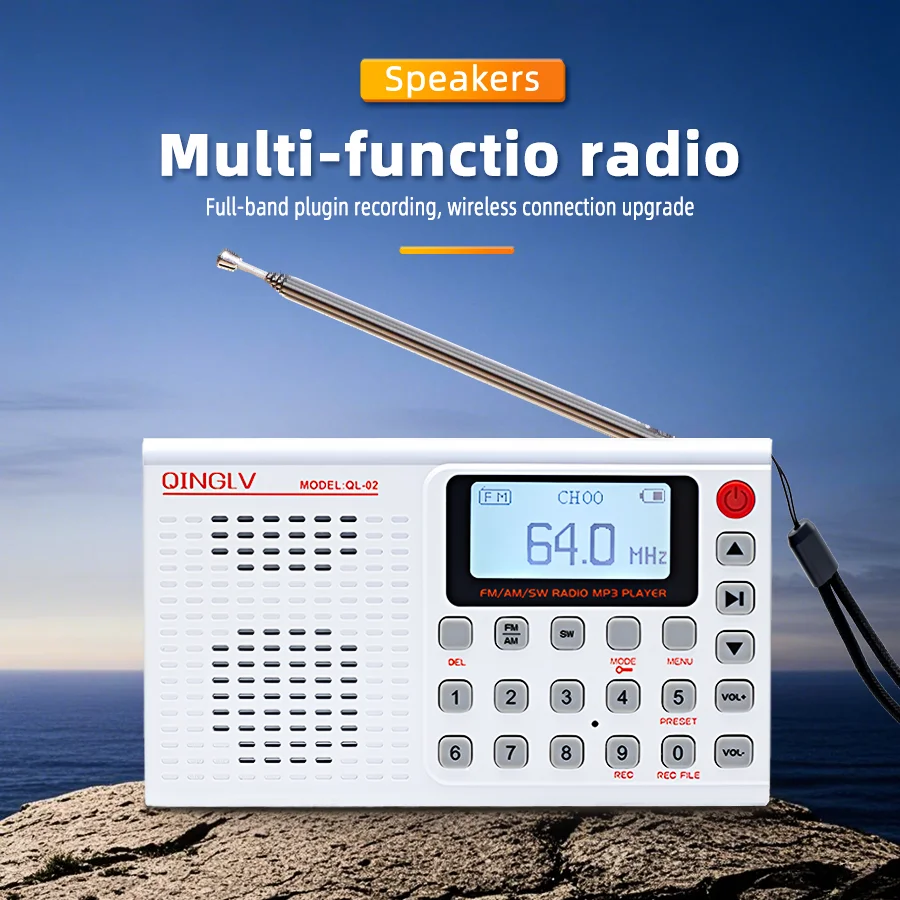 Ultra-portable multifunctional radio, full frequency range, rechargeable, for indoor/outdoor use, with memory card slot and MP3