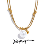 Yhpup Elegant Imitation Pearls Stainless Steel Round Beads Chain Pendant Necklace for Women Gold Silver Color Korean Jewelry