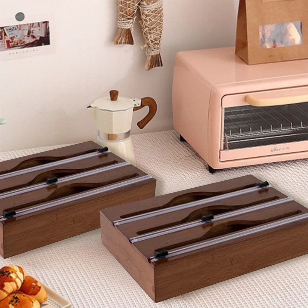 1pc Kitchen Wrap Dispenser With Foil & Cling Film Cutter Box, Bamboo Fresh Bag Cutting Holder, Trash Bag & Plastic Bag Wooden St