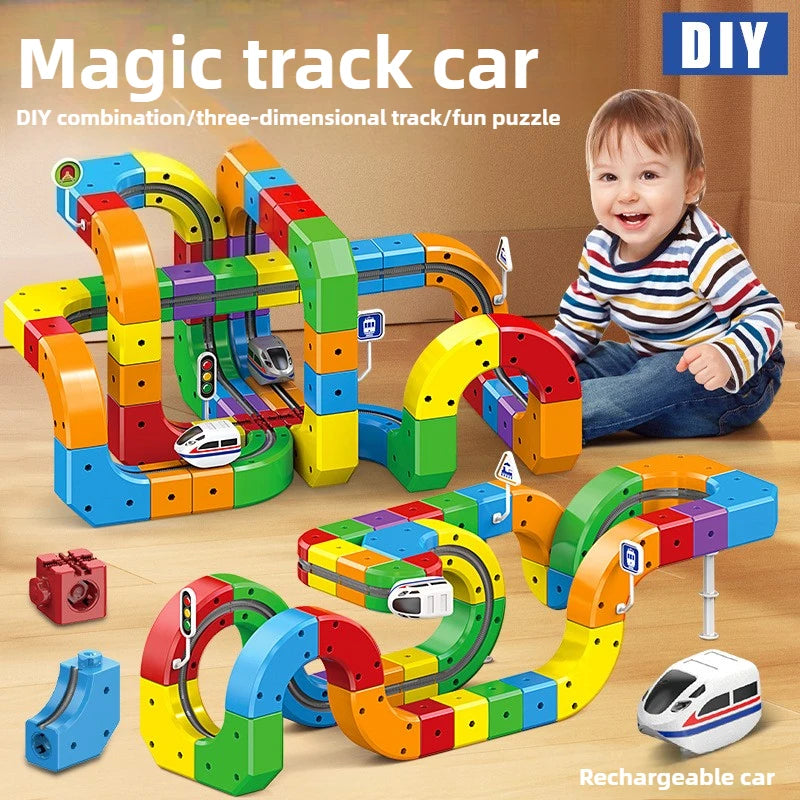 Children Magic Track Train Electric Assembled Building Blocks Magnetic Rail Car Maze Educational Toys for Kids Christmas Gifts