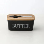 1pc Ceramic Butter Cheese Container Box Household Kitchen Restaurant Butter Storage Box with Knife Bamboo Wood Lid Butter Box