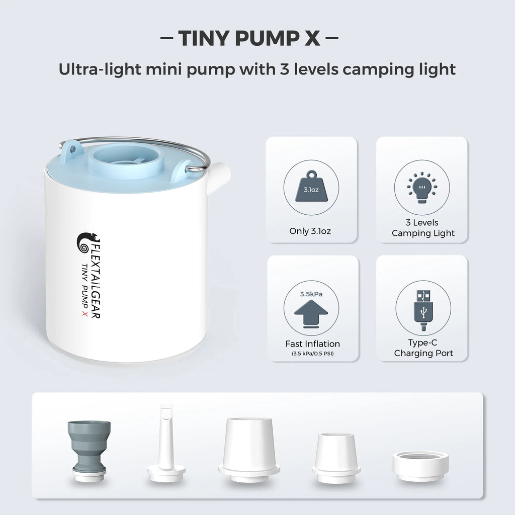 FLEXTAIL TINY PUMP X - Portable Air Pump, Mini Camping Pump with Light, USB-C Charging, Ideal for Sleeping Pad, Air Bed Mattress