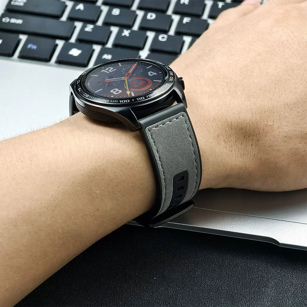 22mm Leather Silicone Watch Band Replacement Strap, Black/White, for Galaxy Watch 3 45mm