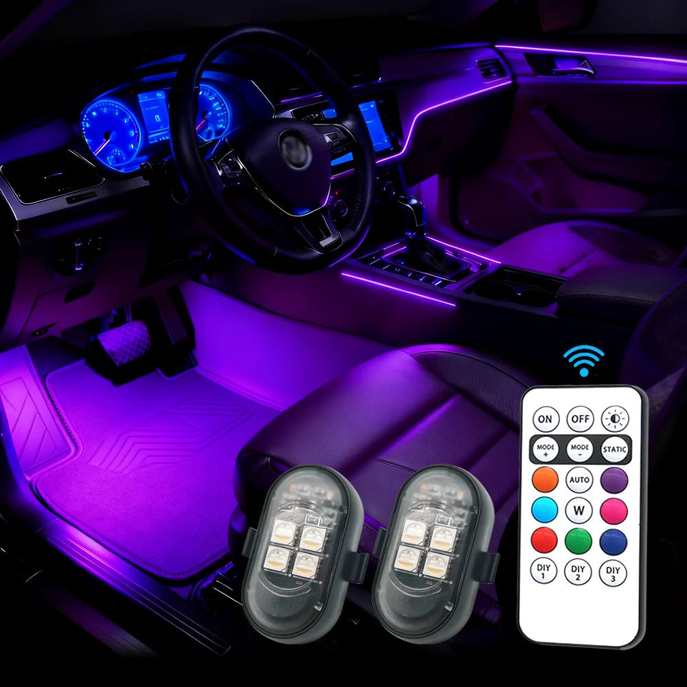 RGB Car Interior LED Light Kit with Wireless Remote, USB-C Rechargeable, Multi-Mode (2-10pc)