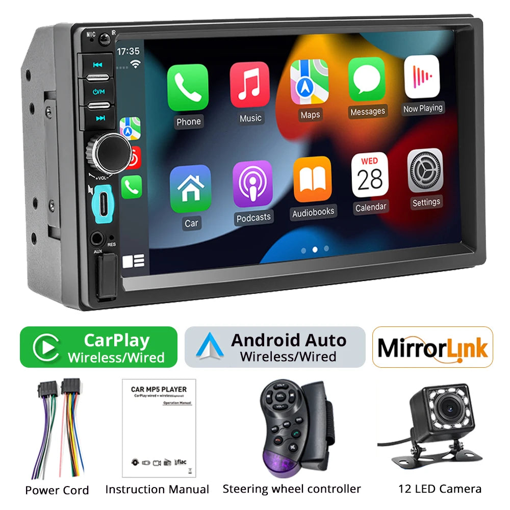 2Din 7'' Bluetooth Car Radio Wireless Carplay Android Auto MP5 For Car Mirror Link Type-C Charging AUX FM Universal Car Audio