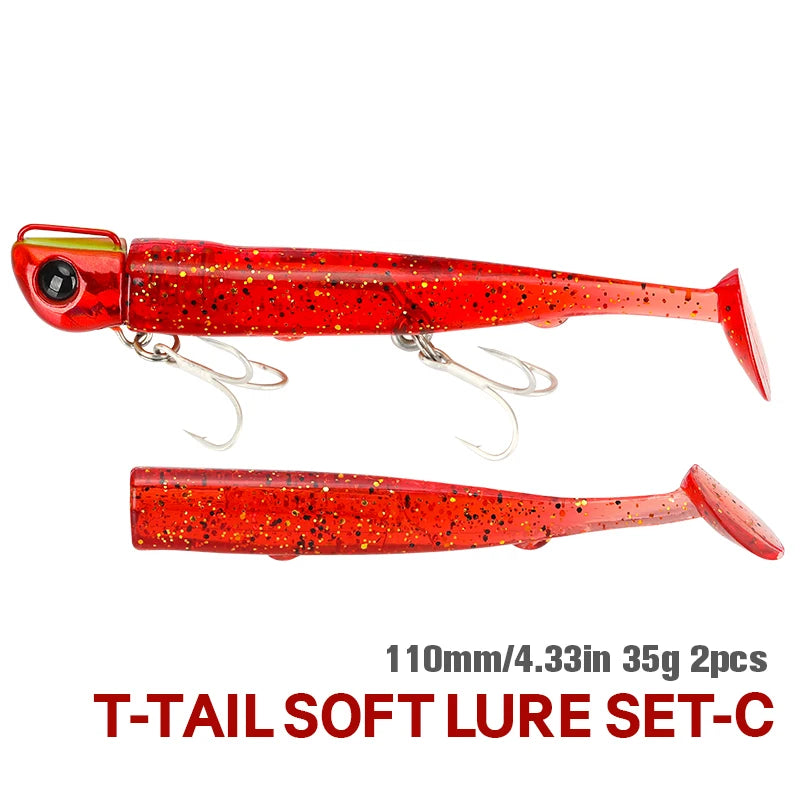 TSURINOYA T-Tail Soft Fishing Lure Set with Jig Head 110mm 35g 2pcs Saltwater