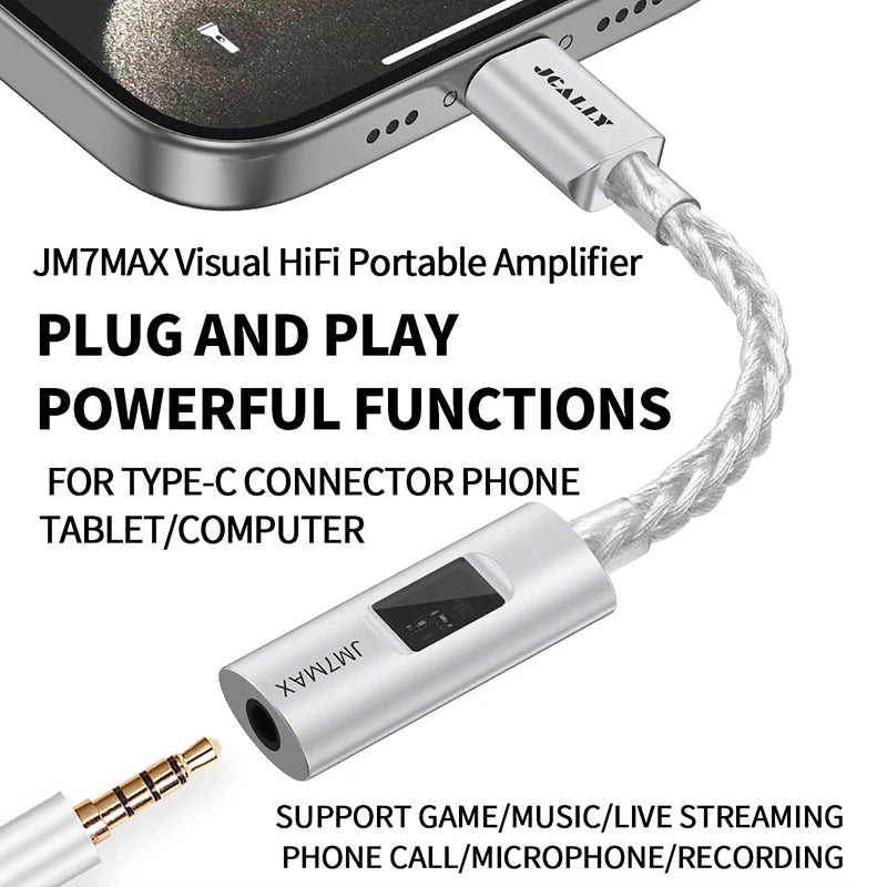 JCALLY JM7MAX Type-C Portable DAC & AMP Visual HiFi USB To 3.5mm Digital Earphone Adapter for Android/Apple Gaming Phone Calls