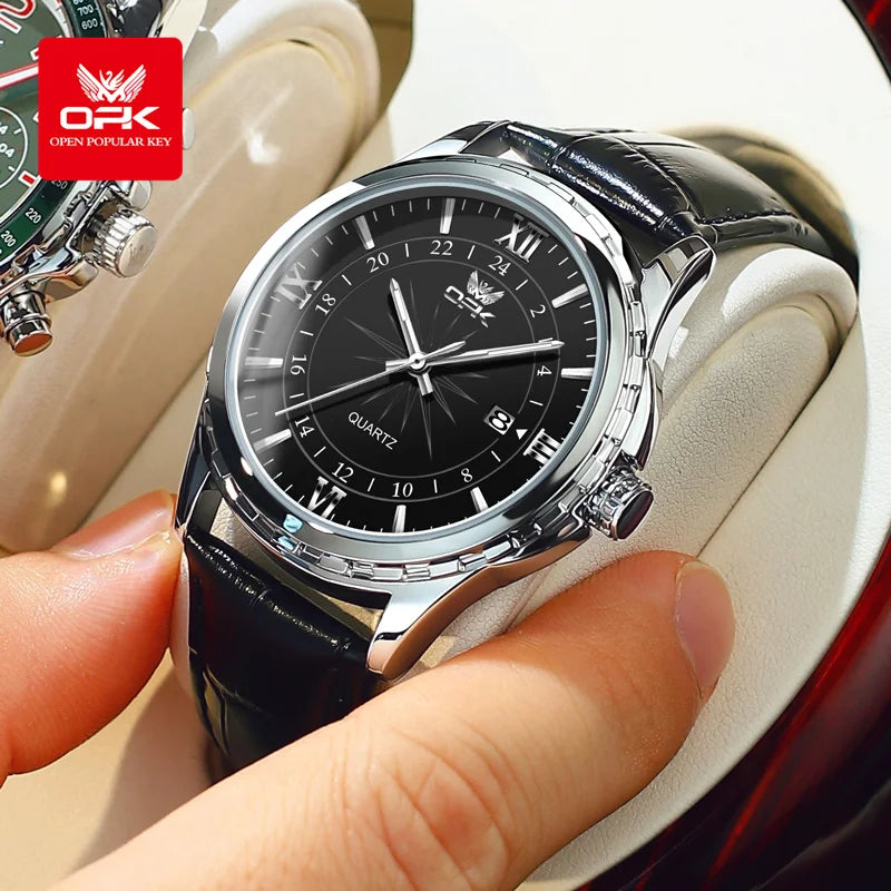 OPK Quartz Watch Men Comfortable Leather Strap Waterproof Fashion Dress Wristwatch Man