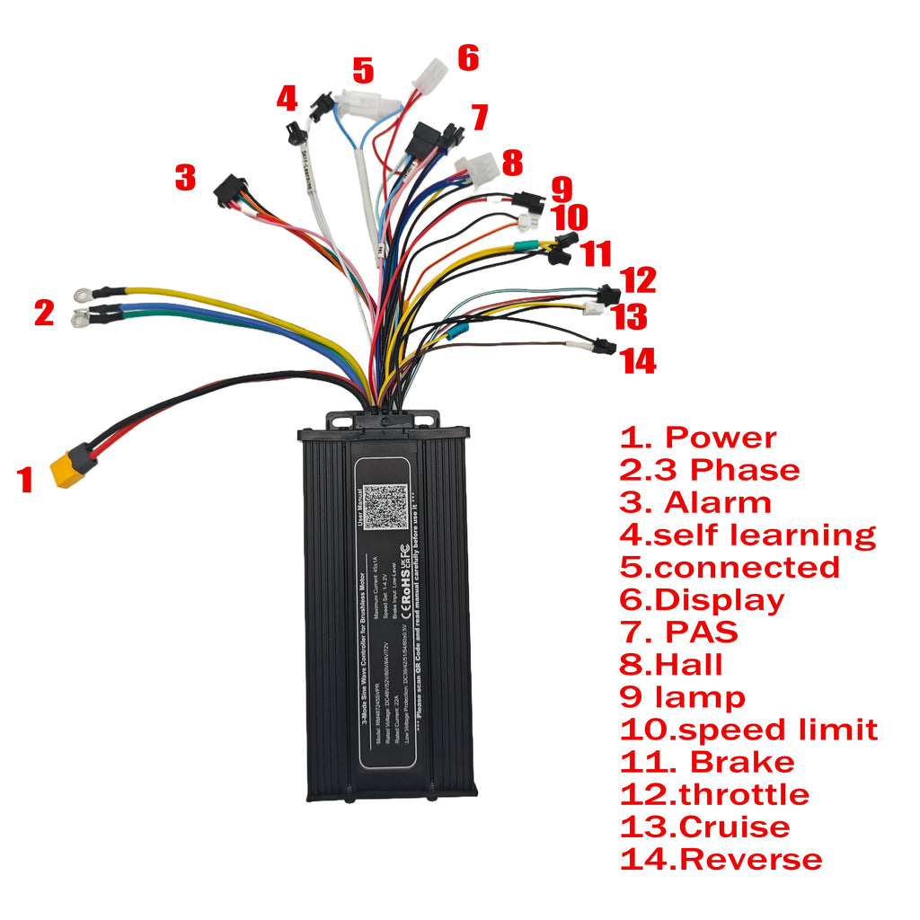 48V-72V 45A 3-mode Sine Wave ebike Controller with/without Display for 1000W-2880W Motor