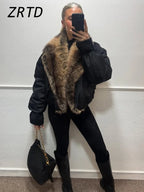 Street Faux Fur Patchwork Cropped Coats Women Loose Lapel Full Sleeve Pockets Warm Jackets 2025 Winter Lady Fashion Outwear