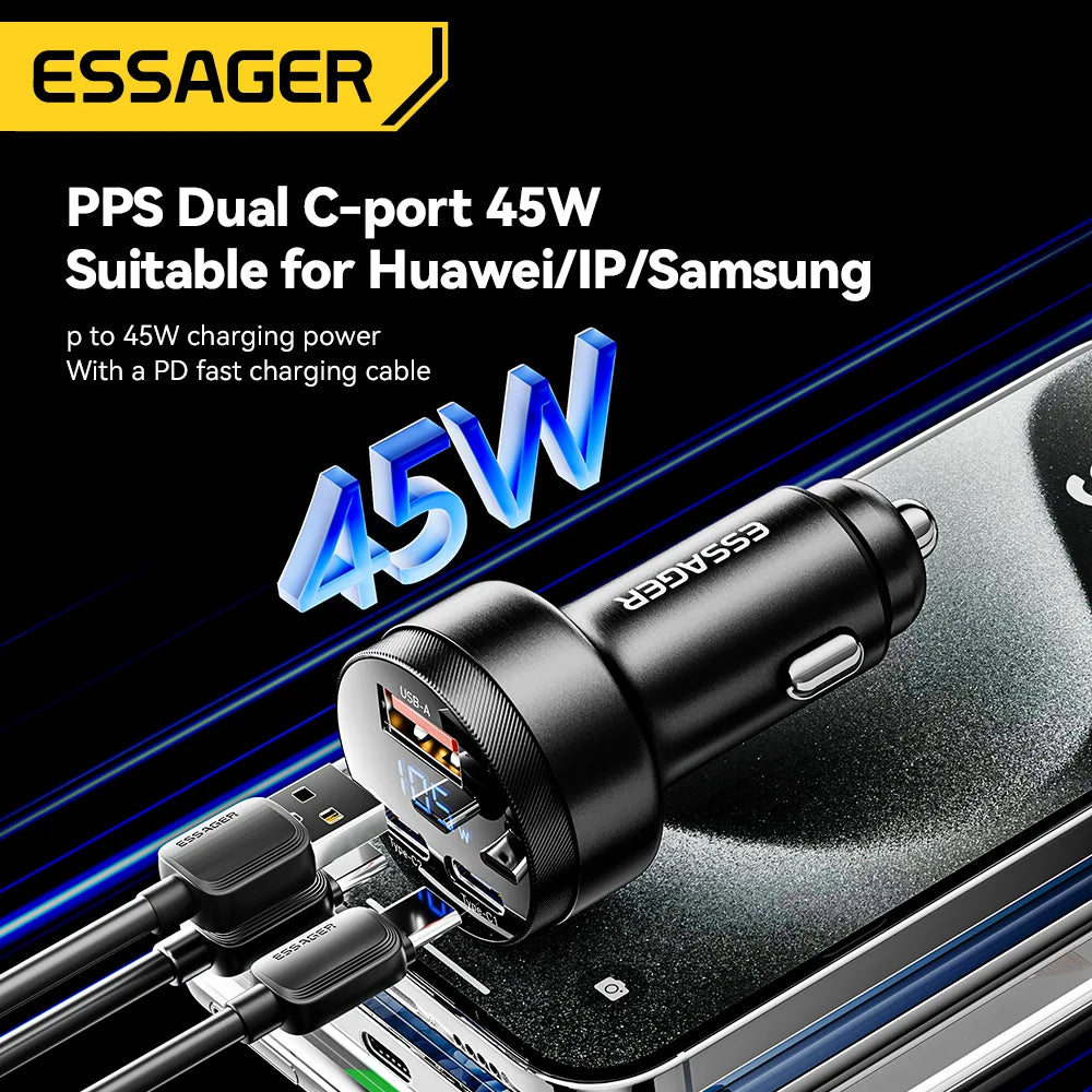 Essager 105W Digital Display Fast Car Charger For iPhone 15 14 pro MacBook USB A C Quick Charger For Xiaomi Samsung OPPO