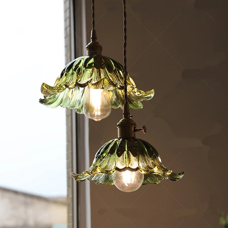 Nordic Modern LED Flowers Pendant Lights Coffee Living Room Balcony Green Glass Knob Switch Hanging lamp Fixtures Luminaira