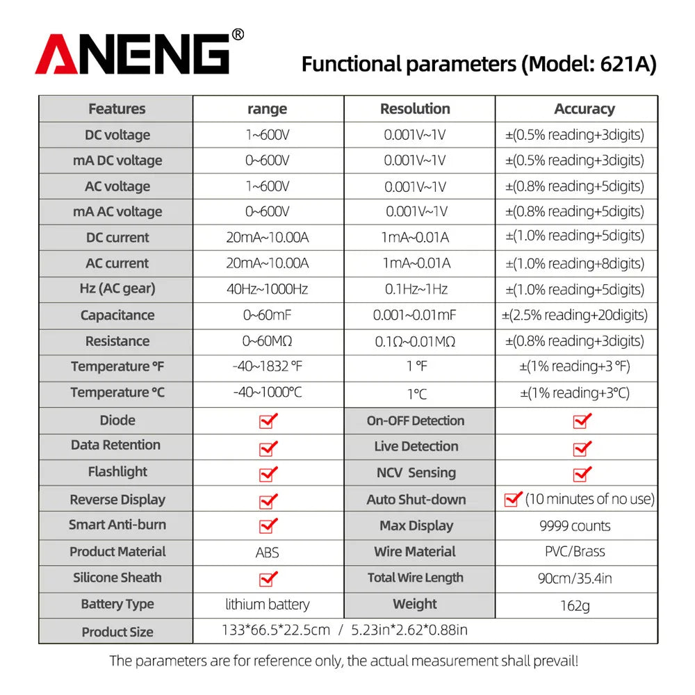 ANENG 621A Touch Screen Digital Multimeter AC/DC Voltage Current Capacitance NCV Diode
