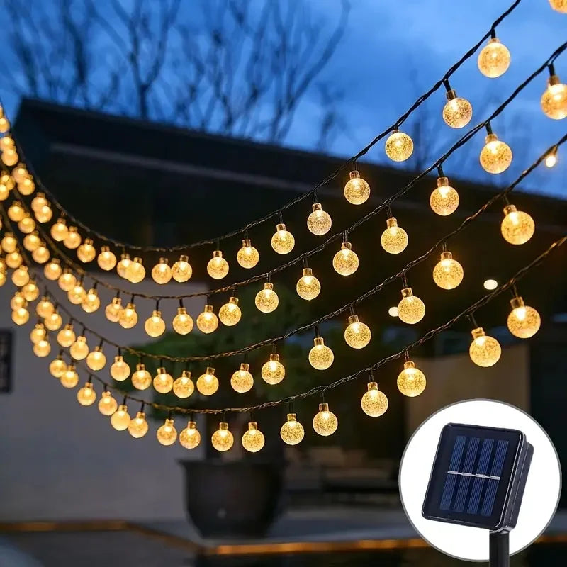 Solar bubble ball string lights, 8 modes, 22m 200 LED crystal globe outdoor, blue/white/yellow