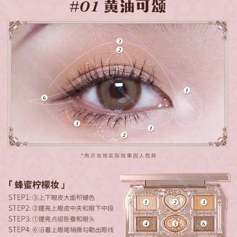 Flower Knows The Sweetie Bear Collection Eyeshadow Palette 6 Colors Glitter Matte Natural Bronzer Multi Use Kawaii Makeup