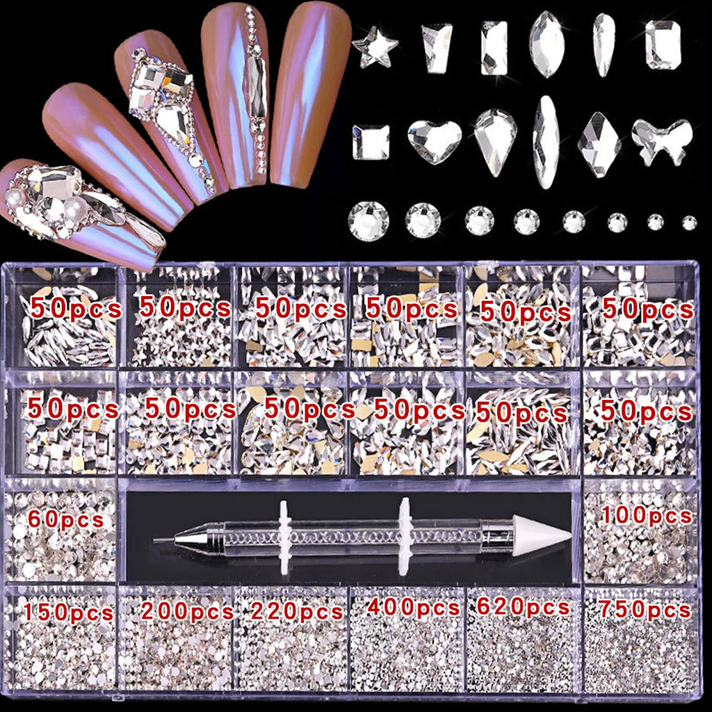 21 grid rhinestone box mixed nail diamond Flat glass shaped diamond DIY nail rhinestone nail jewelry set
