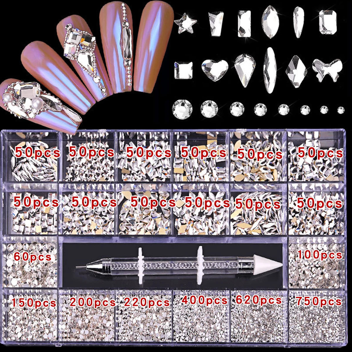 21 grid rhinestone box mixed nail diamond Flat glass shaped diamond DIY nail rhinestone nail jewelry set