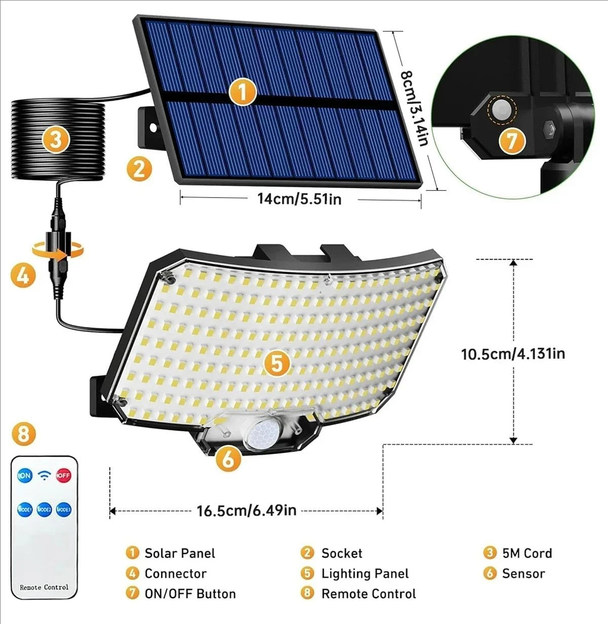 234 LED Solar Motion Sensor Security Flood Light, Dusk to Dawn, Split Panel 16.5ft Cable