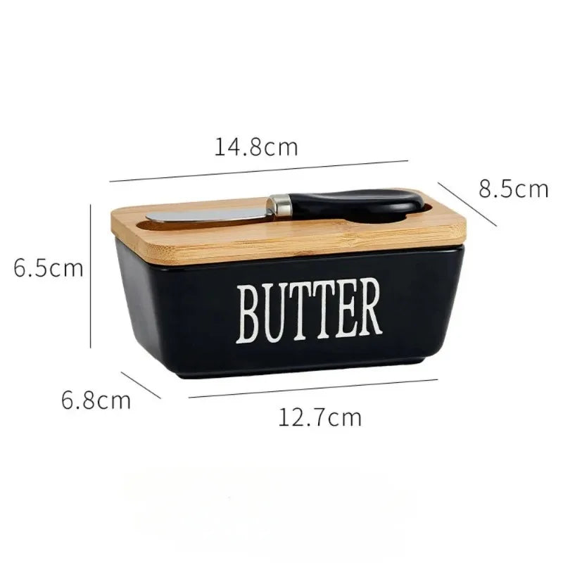 1pc Ceramic Butter Cheese Container Box Household Kitchen Restaurant Butter Storage Box with Knife Bamboo Wood Lid Butter Box
