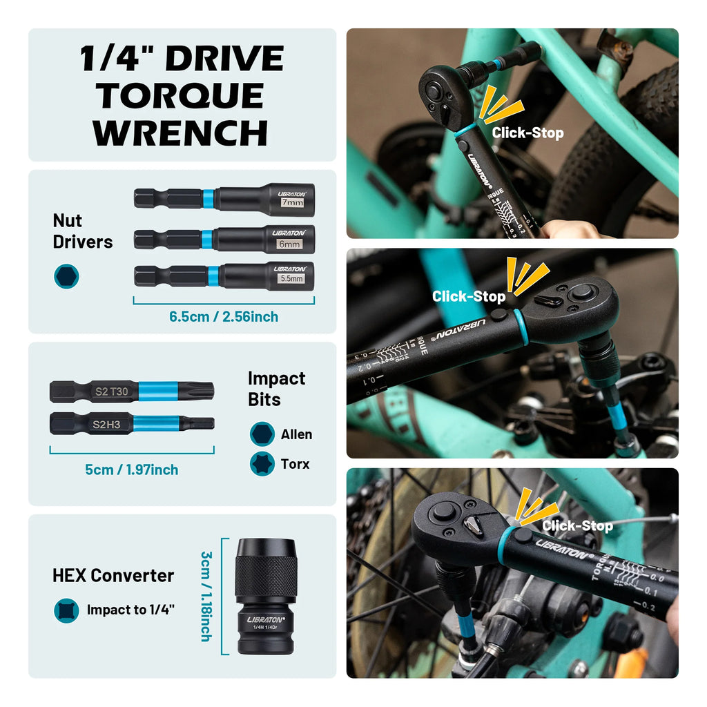 21pcs Bike Torque Wrench 1/4" 2-14Nm Bike Torque Wrench Set Socket Spanner with Impact Bit Bicycle Motorcycle Ratchet Repair Kit
