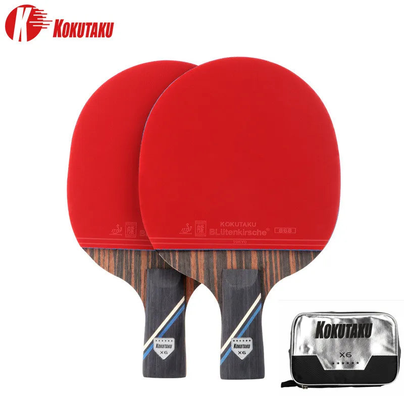 KOKUTAKU 2 Pcs 6 Star Ping Pong Paddle Set X6 Ebony Surface Carbon Table Tennis Racket with Bag for Adults