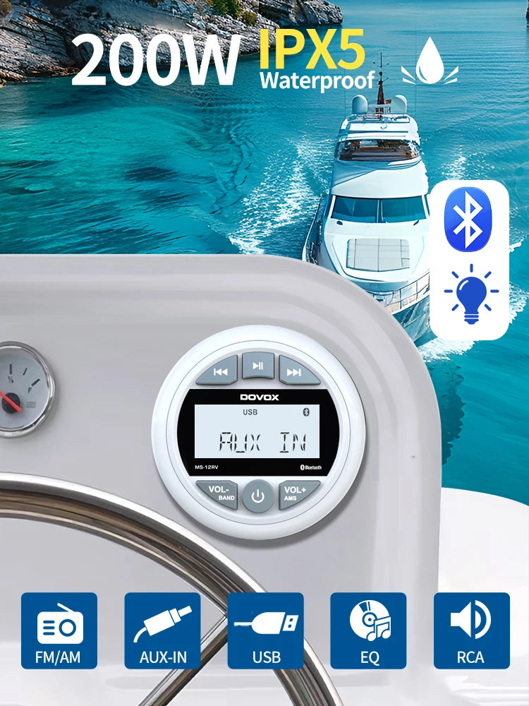 White Marine Stereo Boat Radio Bluetooth IPX5 Waterproof FM AM With Speaker Digital Media Audio For Yacht ATV UTV RV Golf Cart