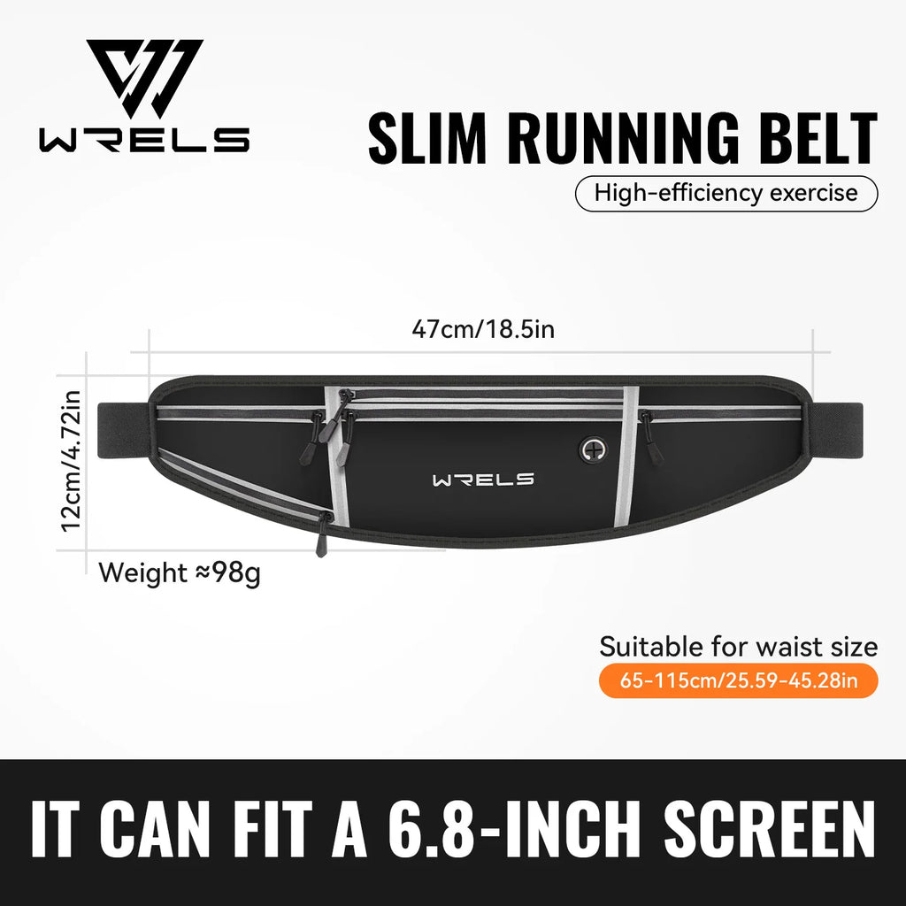 WRELS Waterproof Running Waist Belt Slim Sports Fanny Pack Invisible Fitness Phone Pouch for Hiking Travel Jogging Cycling
