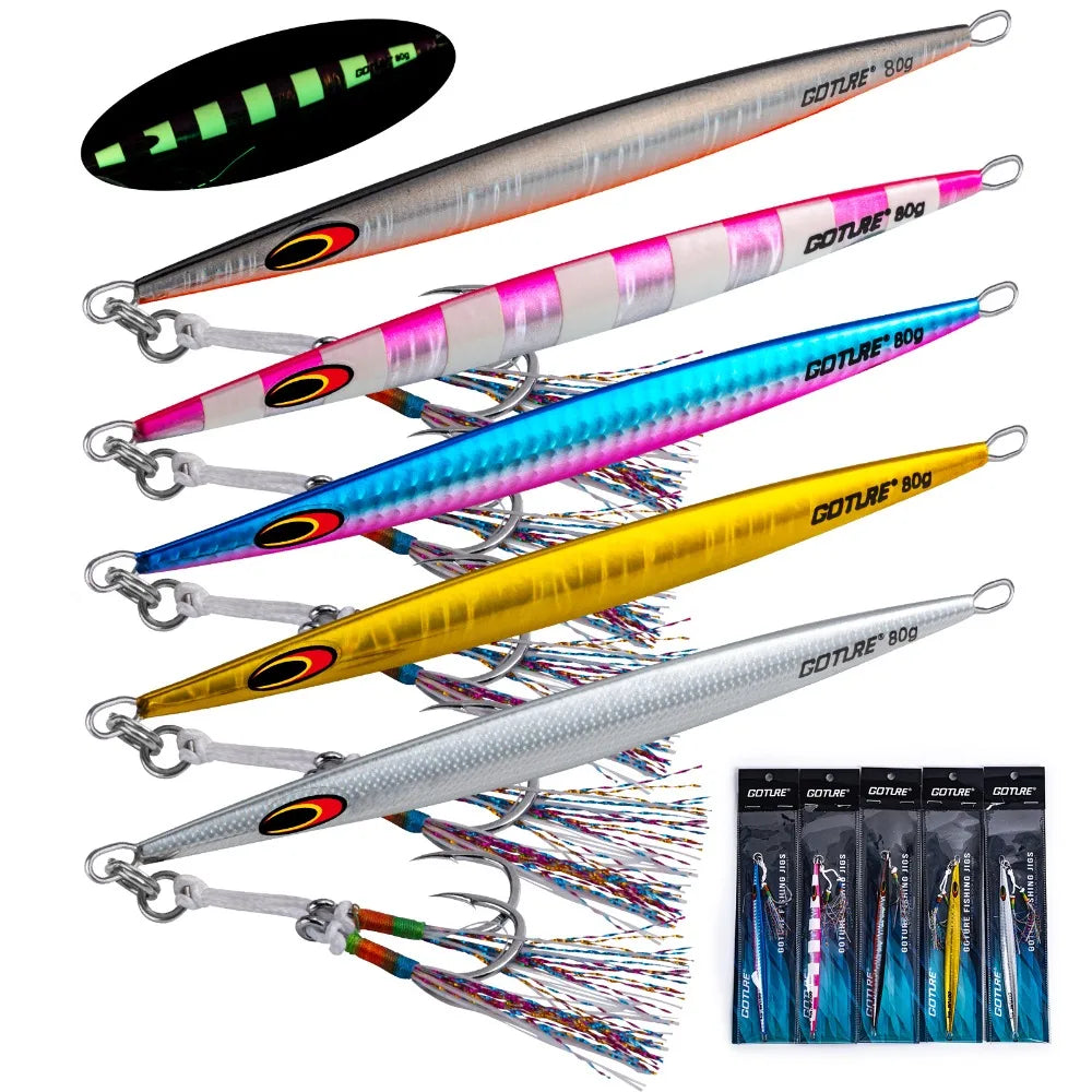 Goture 80g 160g 200g Jig Fishing Lure Set Fast Sinking Jigging Lure Luminous Reation Double Hooks  Metal Jig for sea fishing