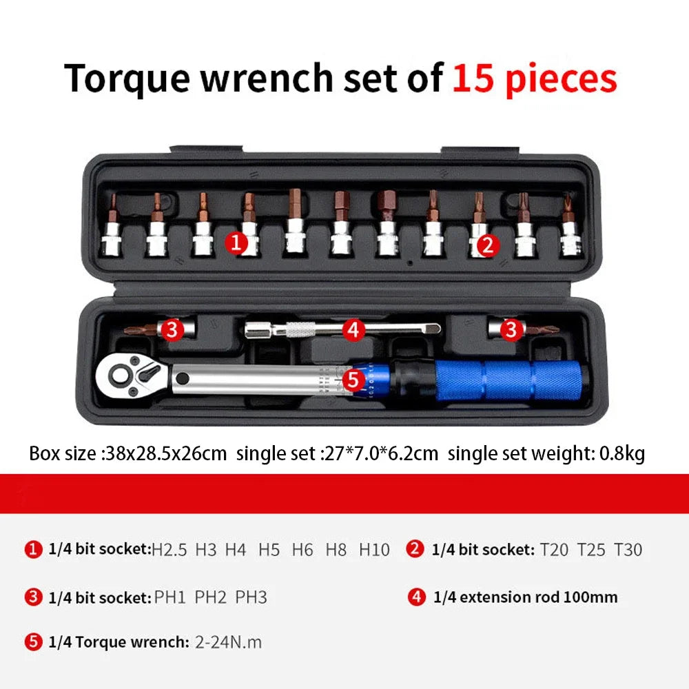 Pintudy Bicycle Torque Wrench Set 1/4" 2-24Nm Dual Direction Bike Allen Key Tool Socket Preset Type Spanner Pro Repair Tool Kit