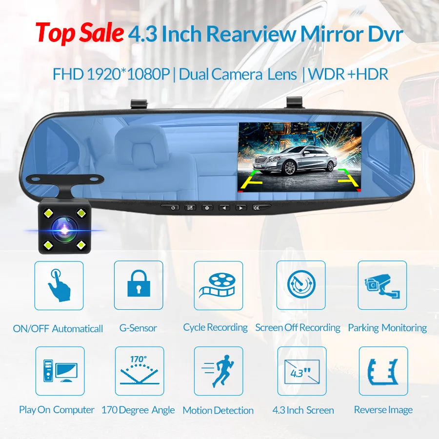 4.3in 1080P Dual Lens Rearview Mirror Dash Cam DVR Night Vision, 32GB/64GB Options