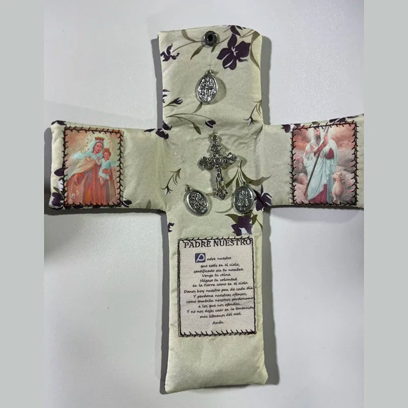 Handcrafted Pocket Shrine with Cross Included Inside,Faith Cross-Shaped Fabric Pouch Sewing Pocket with Saint Images Prayers ﻿