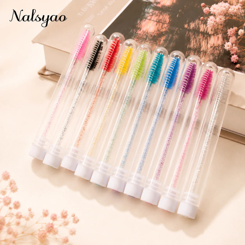 50pcs Lash Brush Mascara Wands with Tube Containers, Crystal Handle Spoolies - Red