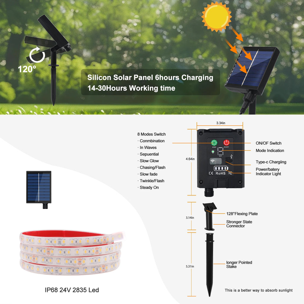 24V Solar Led Strip Light 2835 120LEDs/m Outdoor IP68 Waterproof Red Green Blue Pink Warm White Self-adhesive Garden Decor Lamps
