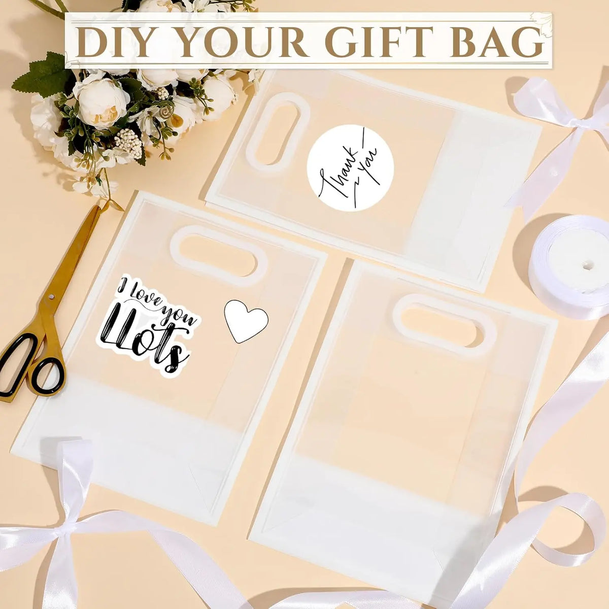 10Pcs Clear Plastic Gift Bag with Die Cut Handles Reusable PP Flower Bag with Ribbon for Wedding Bridal Birthday Party Business